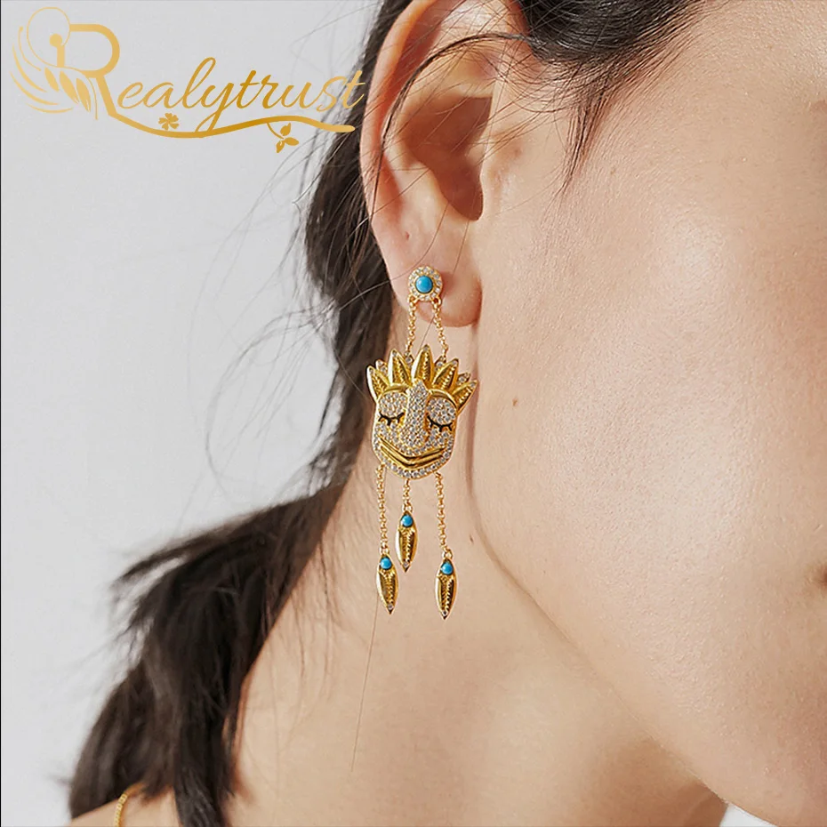 

Realytrust Retro Blue Turquoise Indians Mysterious Mask Tassle Drop Earrings For Women 925 Sterling Silver Ethnic Earrings
