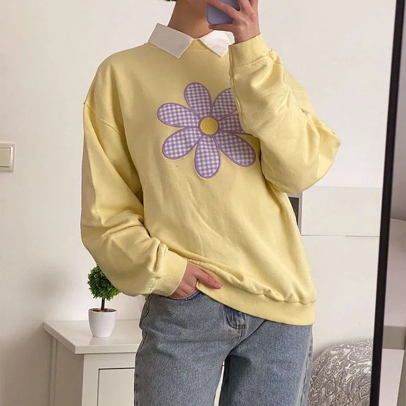 Aesthetic sweet daisy pattern oversized Hoodies y2k Kawaii winter streetwear long sleeve Casual yellow women sweetshirts tops