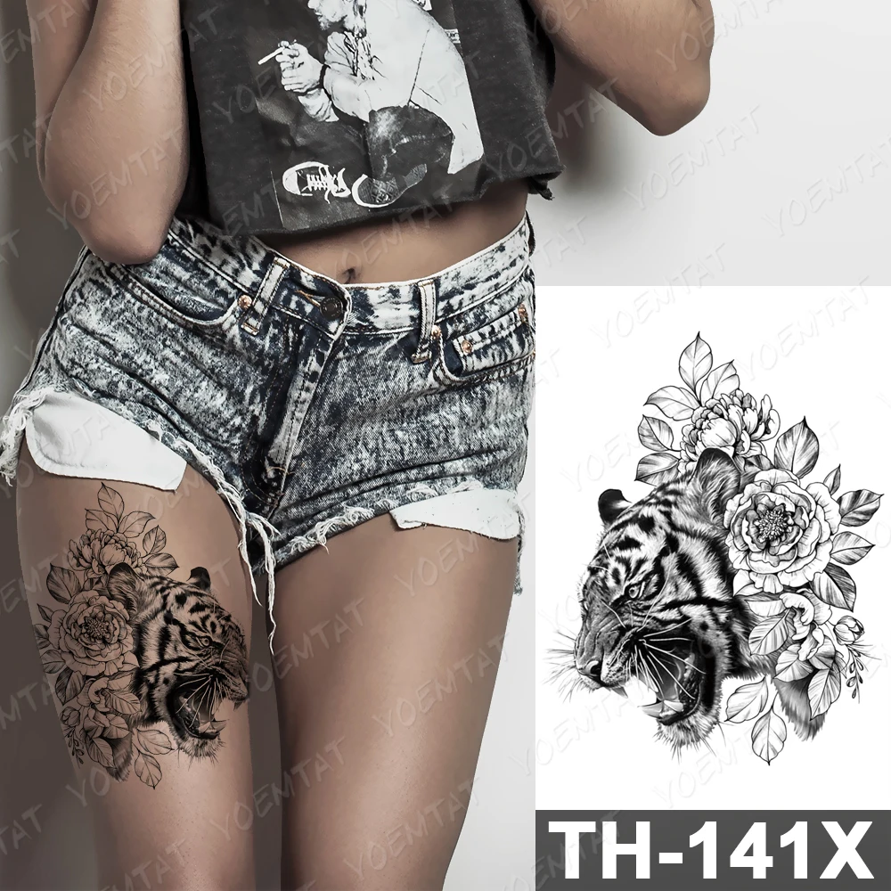 

Compass Lion Clock Temporary Tattoo Sticker For Men Women Adult Rose Flower Owl Wolf Waterproof Fake Henna Tiger Animal Body