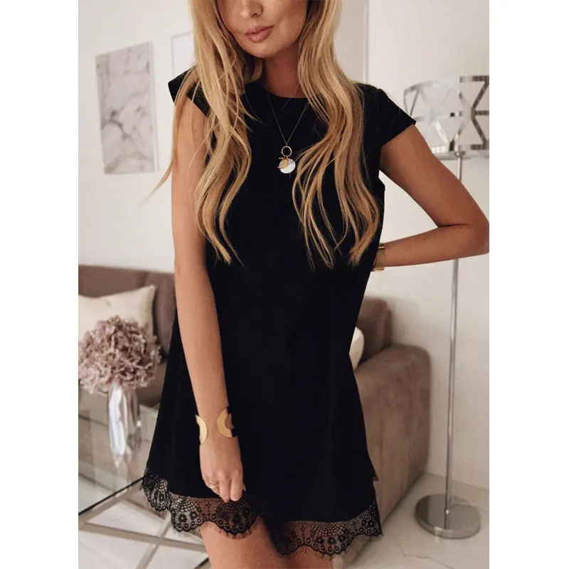 

2021 Summer Short Sleeve Loose O Neck Solid Color Hem Lace Dress Pullover Shirt Casual Female Short Dress
