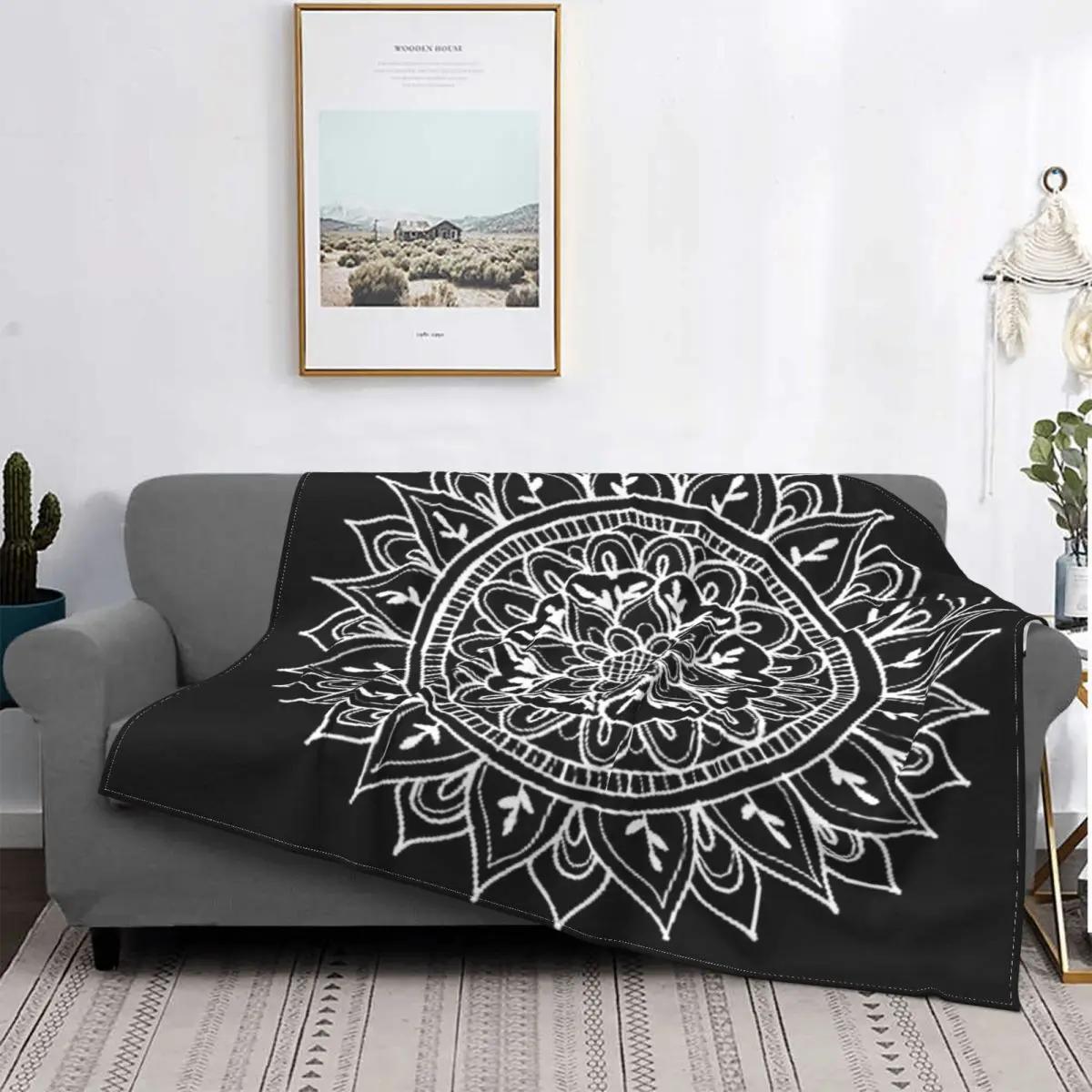 

Manta de felpa de Mandala negro, manta polar de franela suave y cálida de Geometría Sagrada Zen para sofá, ropa de cama, colcha