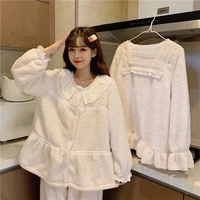 qweek pajamas for teen girls japanese kawaii princess lace pijamas womens winter flannel home clothes sleepwear loungewear cute