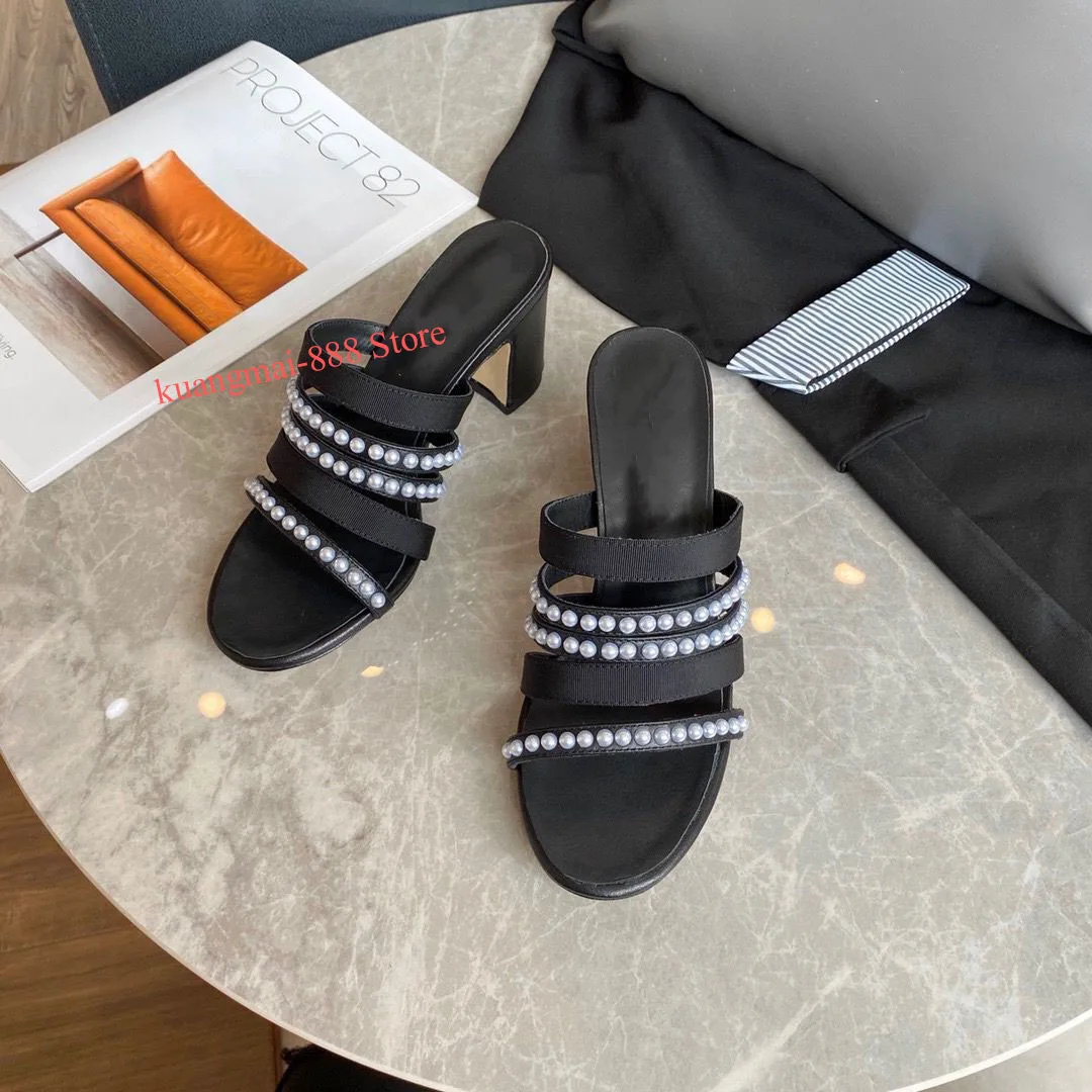 

2021 summer leather pearl high-heel sandals women's outer wear casual one-step sandals women