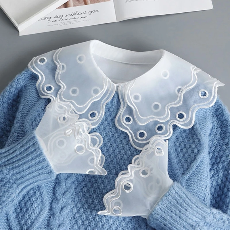 

Women 2Pcs Double Layer Lapel False Collar Dickey with Fake Sleeves Wristband 6XDA