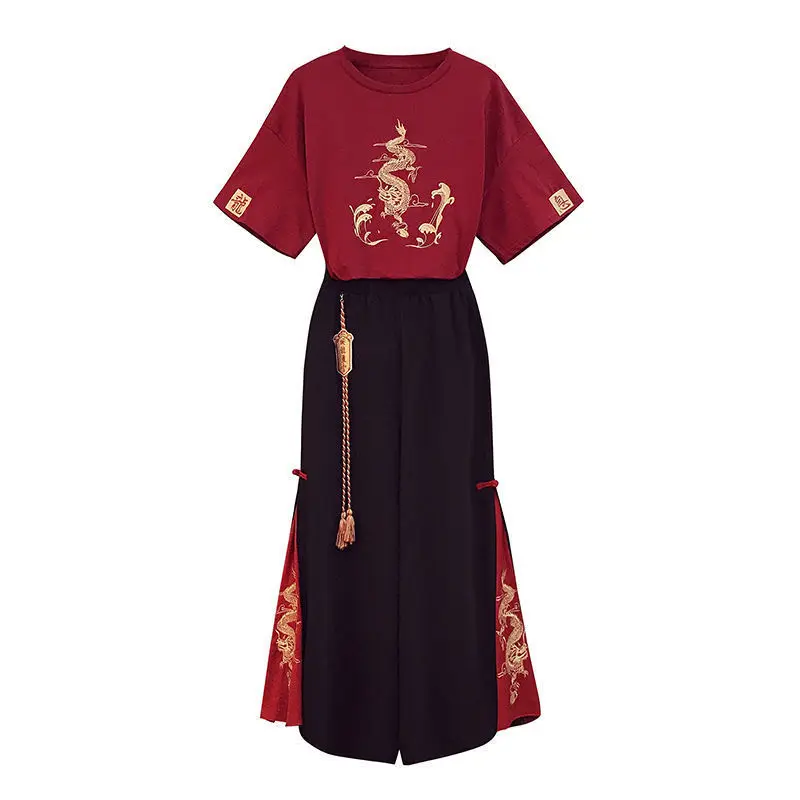 

Large Size Women's Hanfu 2021 Summer New Chinese Style WOMEN Suit Show Thin Wide Leg Pants And Traditional Embroidered Top