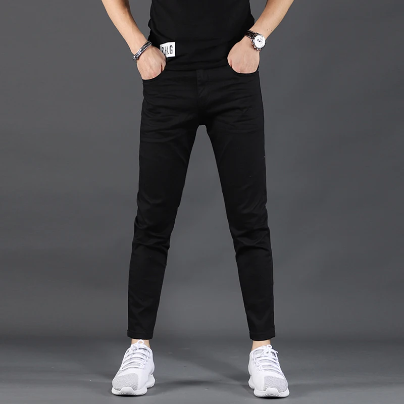 Men Pure Black Jeans Summer Thin Cotton Stretch Slim Fit Ankle-Length Pants