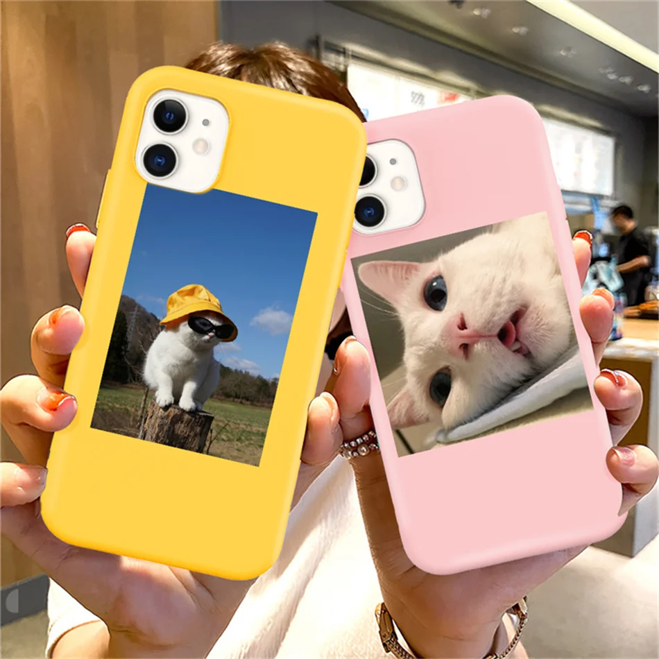 

Candy Color Cute Animal Phone Case For iPhone 11 Pro Max 12 Mini XS Max XR 7 8 6S Plus SE2020 Cat Pattern Back Cover Fundas