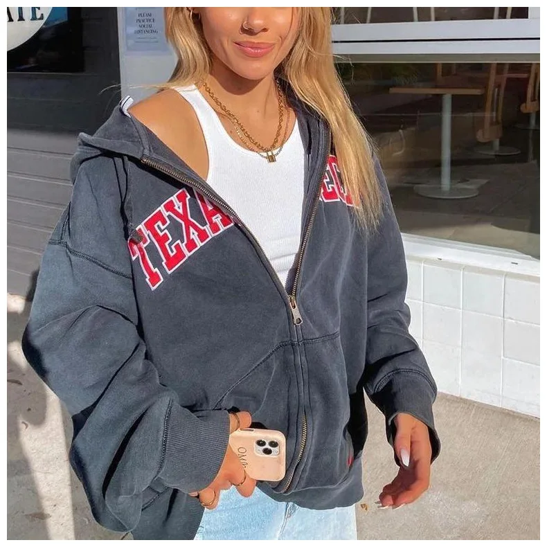 

Women Zip Up Hoodies Boyfriend Style Long Sleeve Letter Embroidery Oversized Pocket Sweatshirt Cardigan