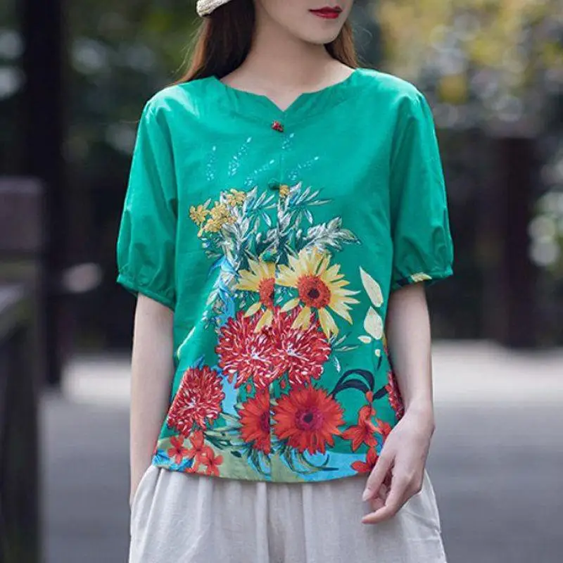 Женская винтажная льняная блузка с цветочным принтом зеленая желтая красная