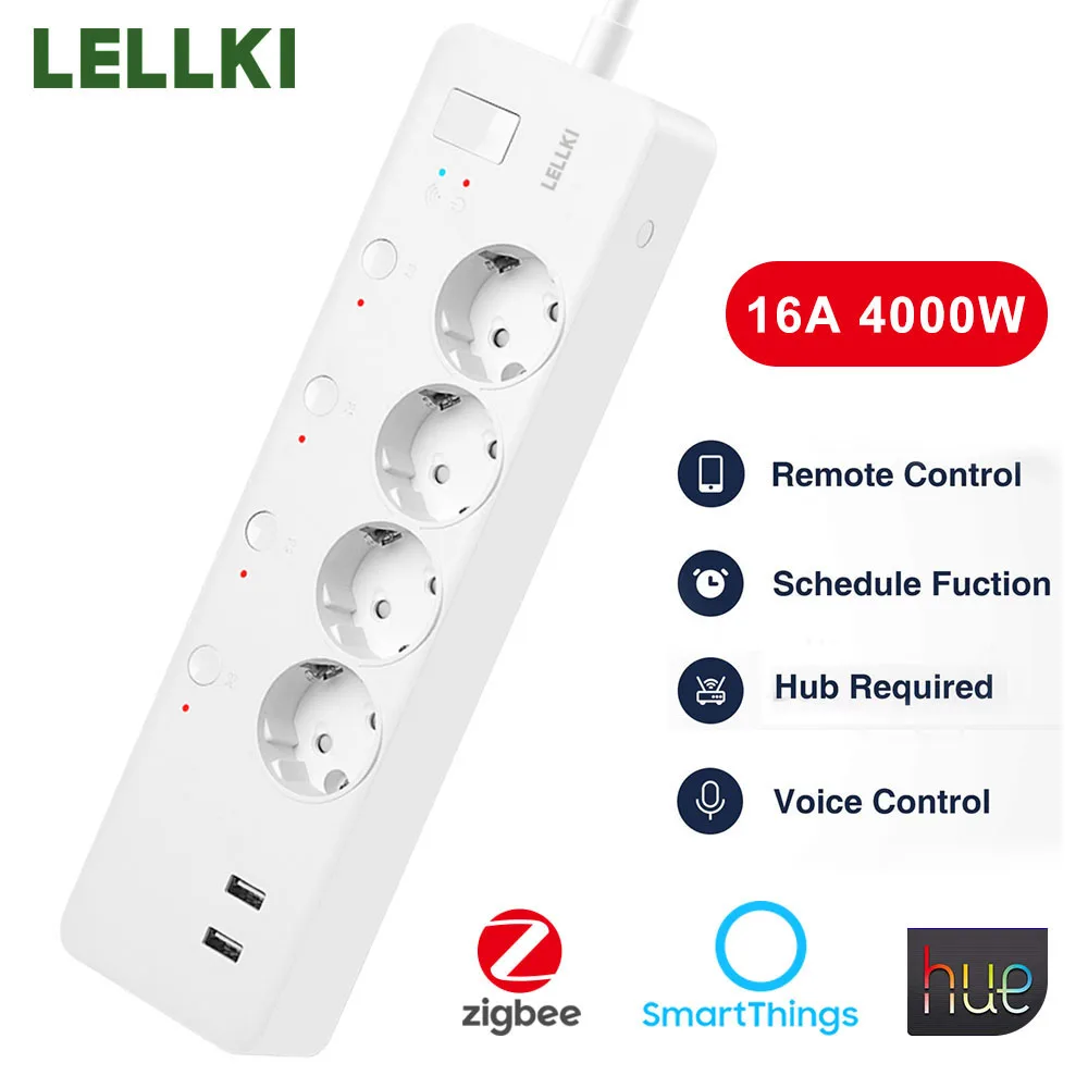 

Zigbee EU Plug Socket 16A Smart Power Strip 4000W Home 4AC 2USB Remote Control With Hue SmartThing APP