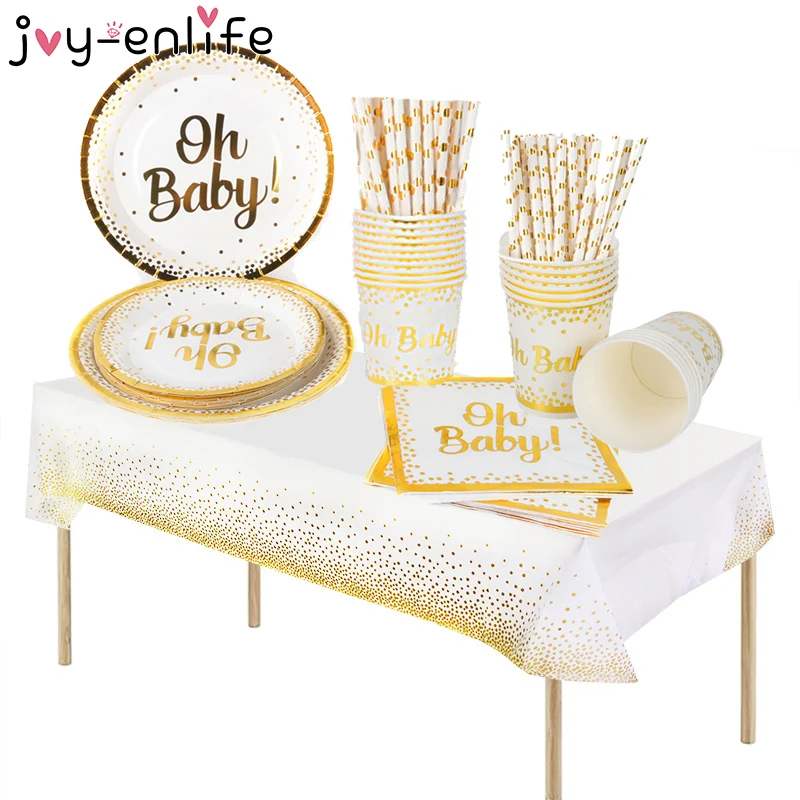 

Oh Baby Gold Dot Disposable Tableware Baby Shower Boy Girl Favor Cutlery Plates Cup Kids Birthday Party Decoration Gender Reveal