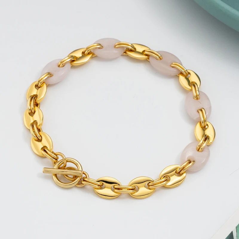 

Jaeeyin 2021 Fashion OT Buckle Bracelet Pink Natural Stone Gold Pig Snout Sweet Hot Jewelry Gift For Girlfriend Teen Go Vacation