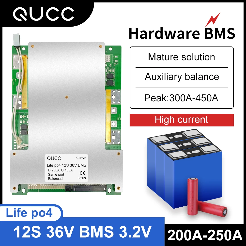 

QUCC Lifepo4 BMS 12S 36V 200A Protection Board Charger Equalizer 18650 Lithium Battery BMS with Balance Temperature Control