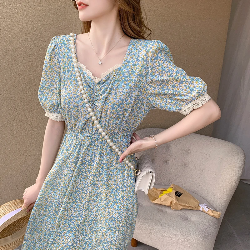 

Женское шифоновое платье с короткими рукавами, винтажное платье с цветочной талией и квадратным вырезом, модель 2021 в Корейском стиле на лет...