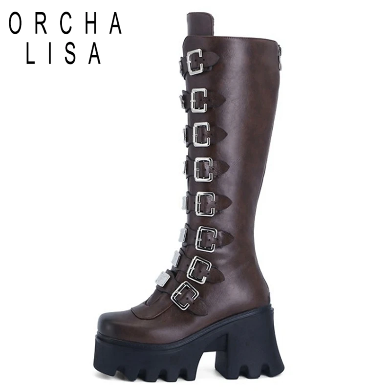 

Женские винтажные готические сапоги до колена, теплые мотоциклетные сапоги на платформе и массивном высоком каблуке, на молнии, с пряжкой, ...