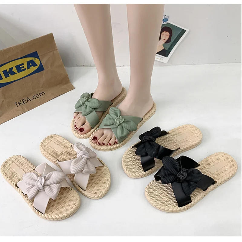 

2021 New Women's Slippers Casual Fashion Cross Bow Tie Flat Sandals Women's Indoor Outdoor Antiskid Shoes for Women Home Shoes