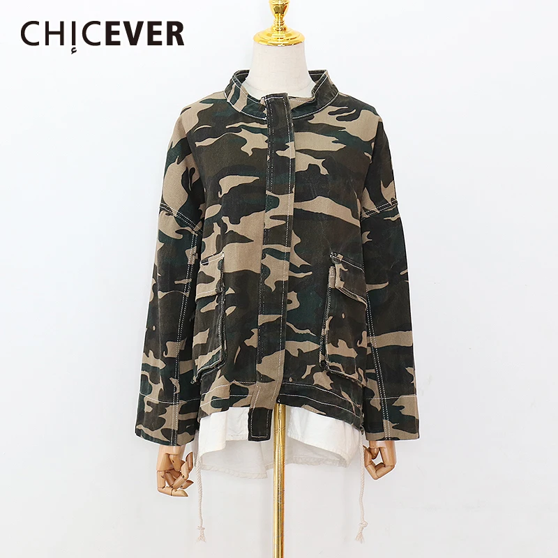 

CHICEVER/камуфляжные женские куртки со стоячим воротником и длинным рукавом; Большие размеры; Лоскутные цветные свободные пальто для женщин; Ко...