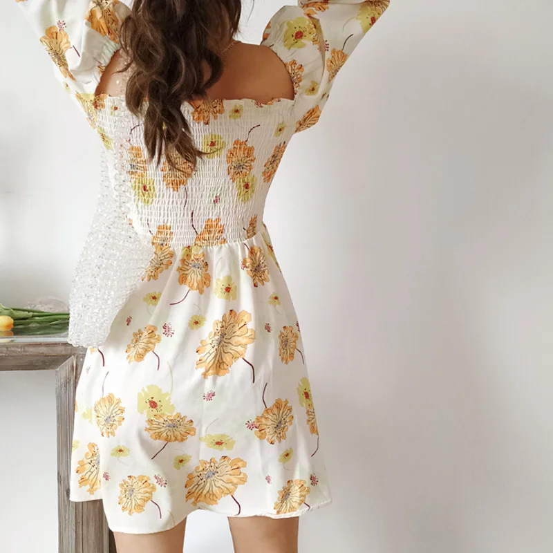 

Square Collar Puff Sleeve Women Floral Dress 2021 Autumn Long Sleeve High Waist Slim Chiffon A-line Dress Casual Mini Dress