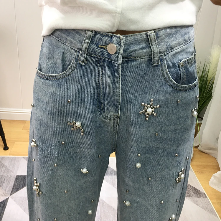 

Fashion Beaded Jeans Women's 2021 Casual Loose Slimming High Waist Ankle-Tied Trousers Hip-Hop Pants Light Blue Harem Pants