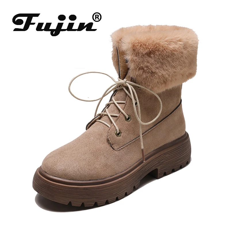 Fujin/осенние женские короткие ботильоны из флока на платформе Ботинки толстой