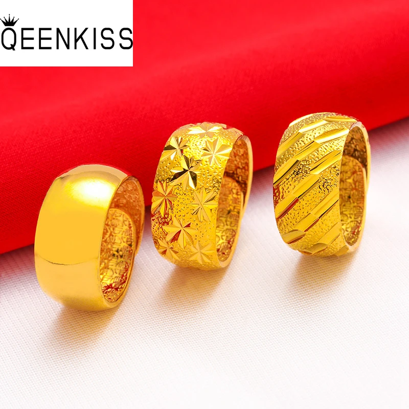 

QEENKISS RG566 Fine Jewelry Wholesale Fashion Man Boy Birthday Wedding Gift Starry Meteor Shower Wide 24KT Gold Resizable Ring