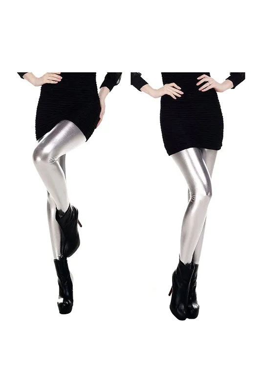 Женские блестящие леггинсы с эластичным поясом серебристые облегающие