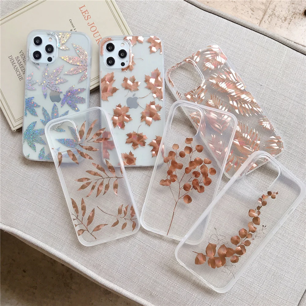 

Electroplated Leaves Glitter Phone Case for iPhone 11 Pro 12 Mini X XR XS Max 8 7 Plus SE 2020 Capa Clear Soft IMD Back Cover