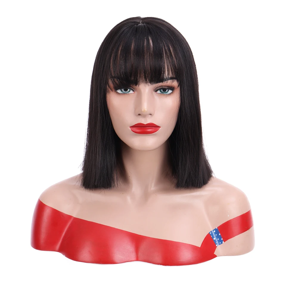 AILIADE Synthetic Straight Short Bob With Bangs Wigs For Women Medium Length Natural Black Heat Resistant False Hair | Шиньоны и парики