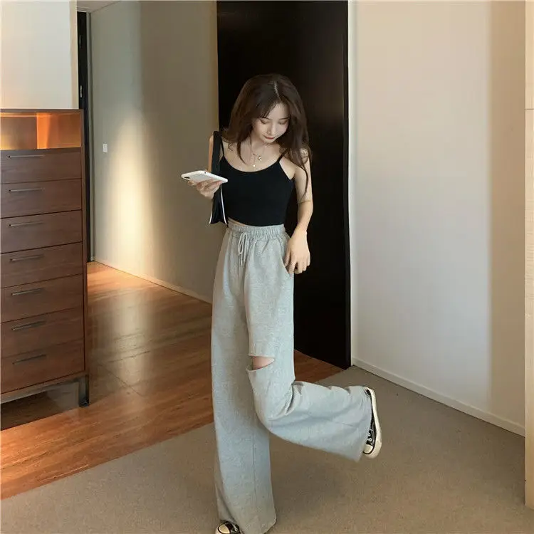 

Wide-Legged Pants Women's Fall 2020's New Ripped High Waist Loose Straight plus Size Casual Pants