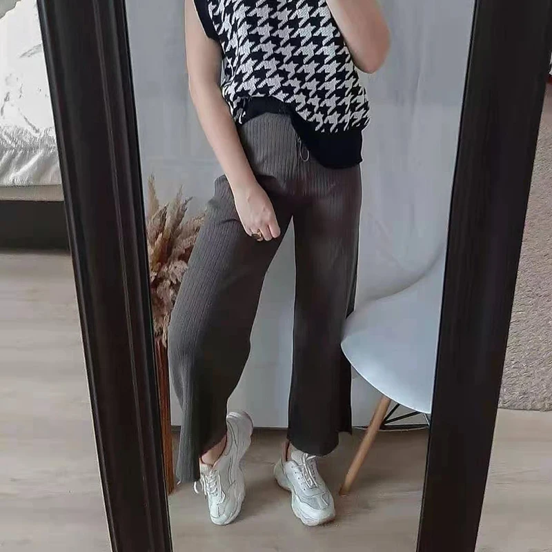 

MEIYANGYOUNG Solid Knitted Pants Casual Loose Wide Leg Women's Pants Female Drawstring Stretch Sweater Trousers Home Clothes