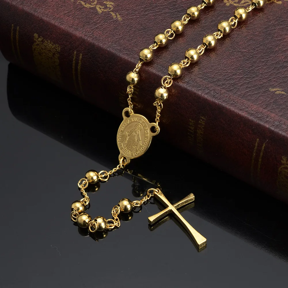 Jesus Cross Pendant Necklace Stainless Steel Gold Color For Women Religious Christian Jewelry Rosary beads Simple Gifts