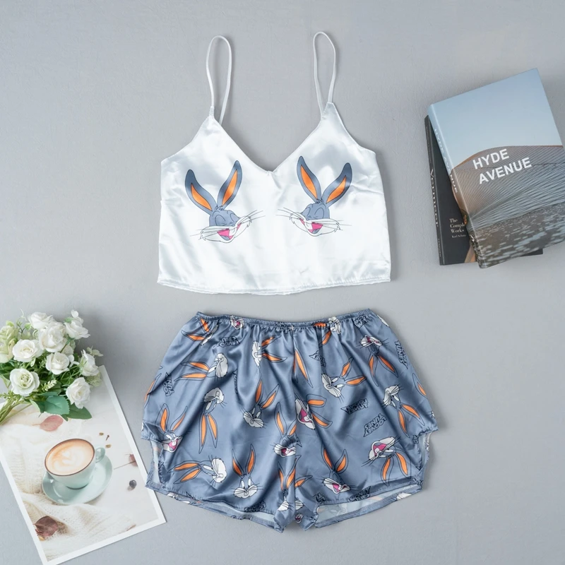 

Animal Cartoon Print Lovely Sleepwear Home Suit Summer V Neck Sexy Pyjamas Women Spaghetti Strap Loose Satin Female Pajama Sets