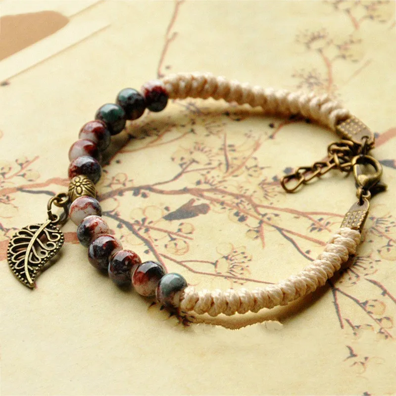 Модные очаровательные керамические круглые бусины Дерево лист браслет