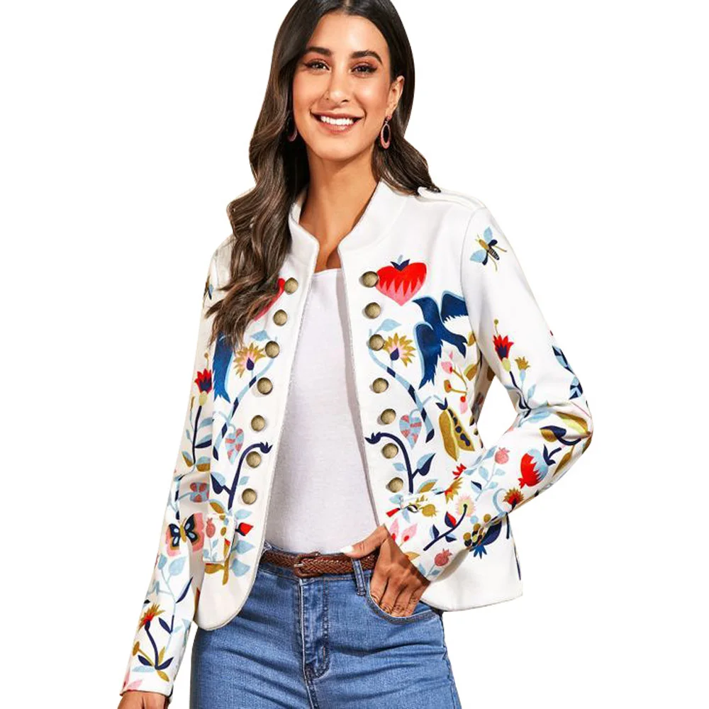 

STYLISH LADY Double Breasted Printed Jacket 2021 Autumn Women Long Sleeve Cardigan White Elegant Office Lady Outwear Coat