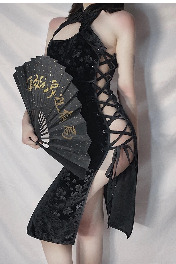 

Jacquard Sexy Split Bandage Mini Dress Qipao Chinese Style Floating Flowers Retro Flavor Side Tie Open Cheongsam Uniform Q874