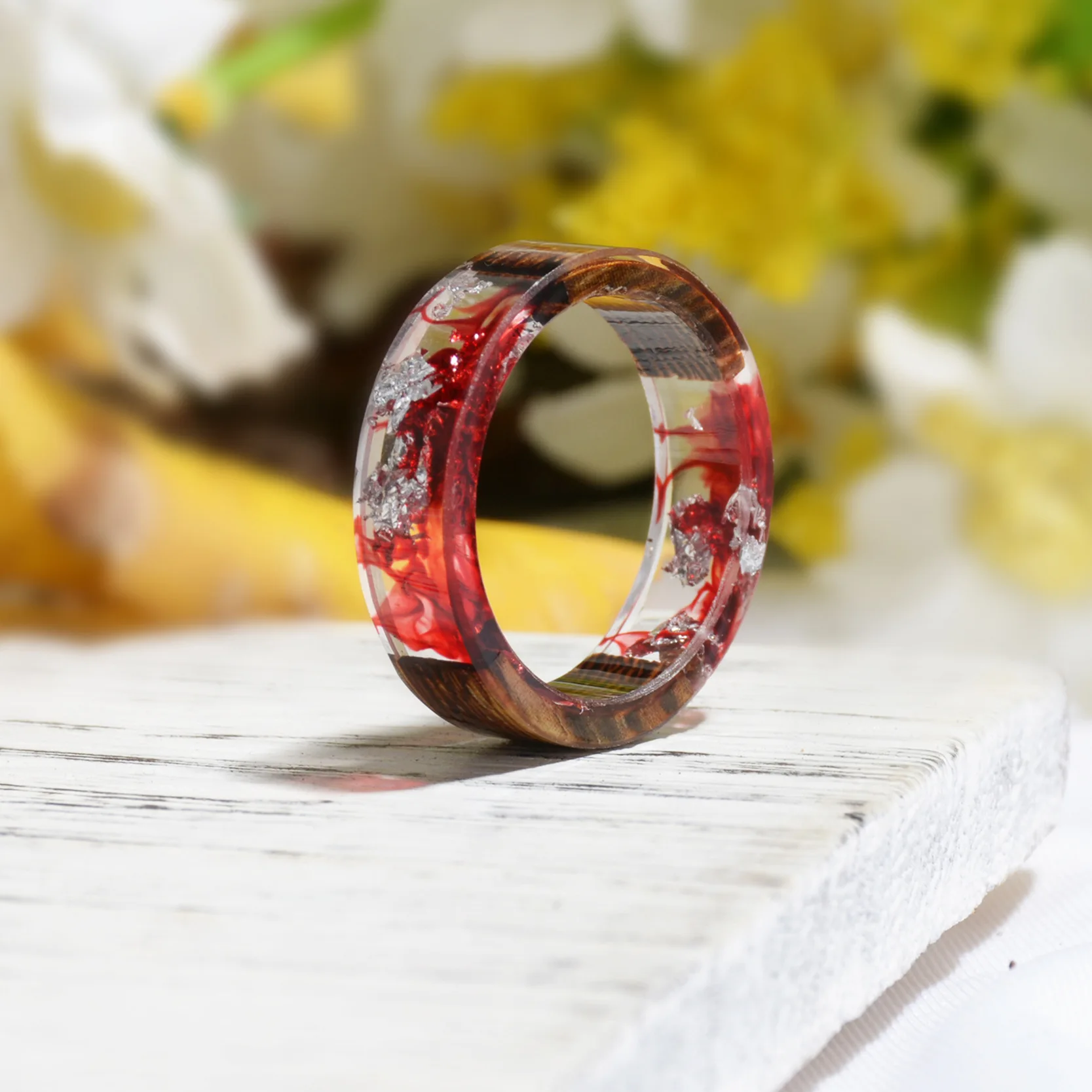 

Bin Yu Hot Sale Handmade Wood Resin Ring Dried Flowers Plants Inside Jewelry Resin Ring Transparent Anniversary Ring for Women