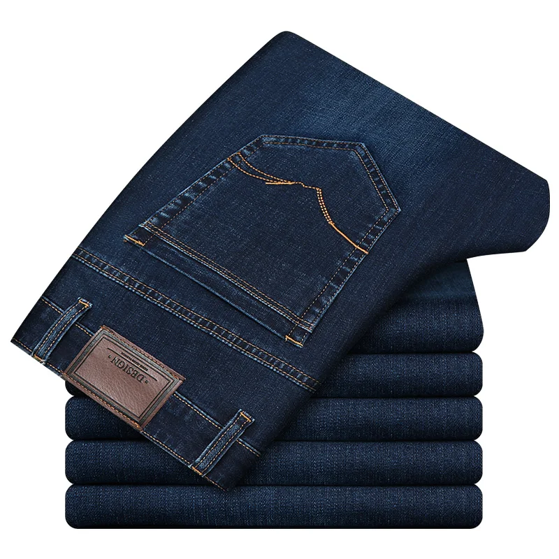 Осень и зима новые мужские классические деловые свободные прямые Джинсы Стрейчевые синие джинсовые брюки мужские повседневные Брендовые брюки - Цвет: Dark Blue