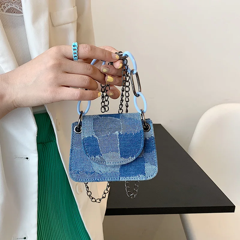 

High Quality New Ladies Fashion Shoulder Bag 2021 Square Blue Denim Stitching Bag Korean Version of Magnetic Chain Handbag