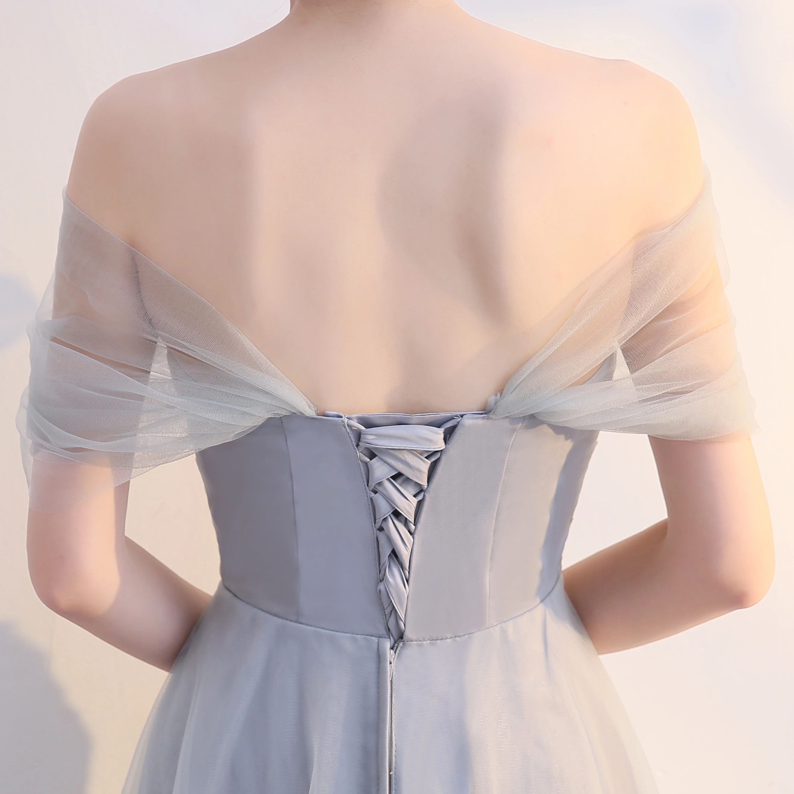 

Sexy Sleeveless Long Evening Dress Gray Chiffon Backless Prom Gown Vestidos Elegantes Formal Tulle Dress For Evening Gown Party
