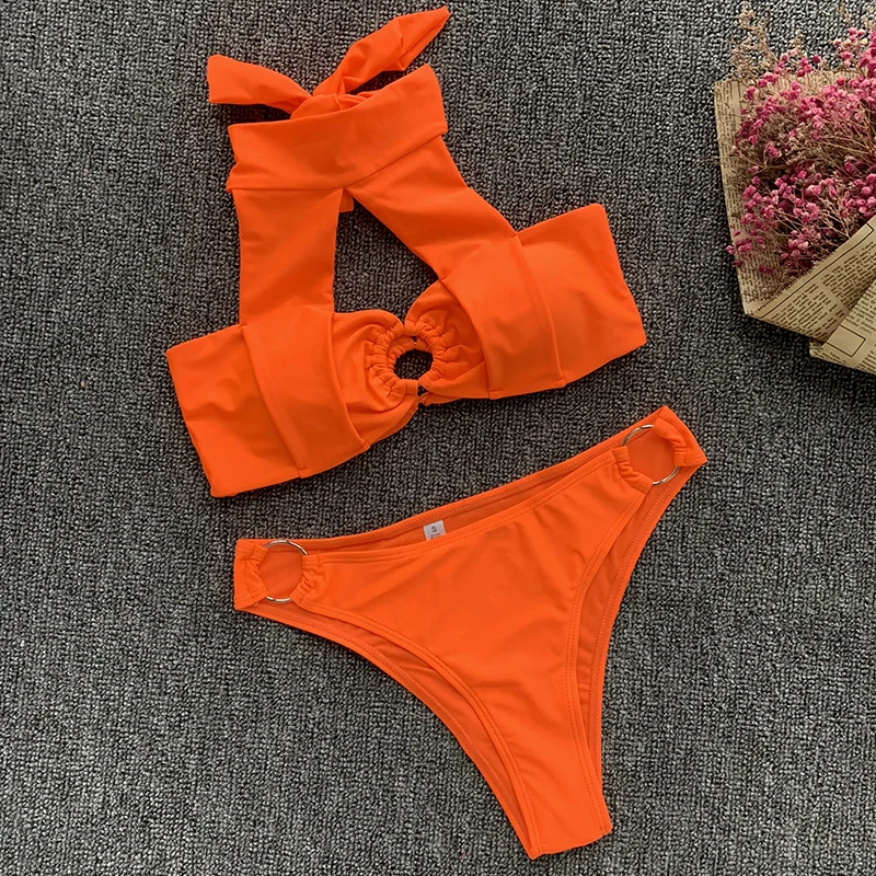 Оранжевый комплект бикини с лямкой на шее купальник высоким вырезом женский