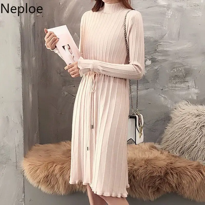 Neploe/корейское осенне зимнее стильное свободное шерстяное платье со шнуровкой и