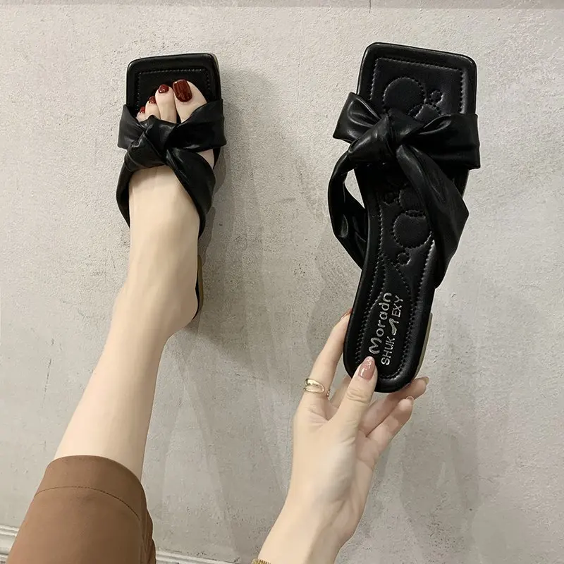 

Shoes Woman 2021 Slippers Casual Butterfly-Knot Pantofle Lady Luxury Soft New Girl Flat Basic PU Fashion Butterfly-knot Rubber