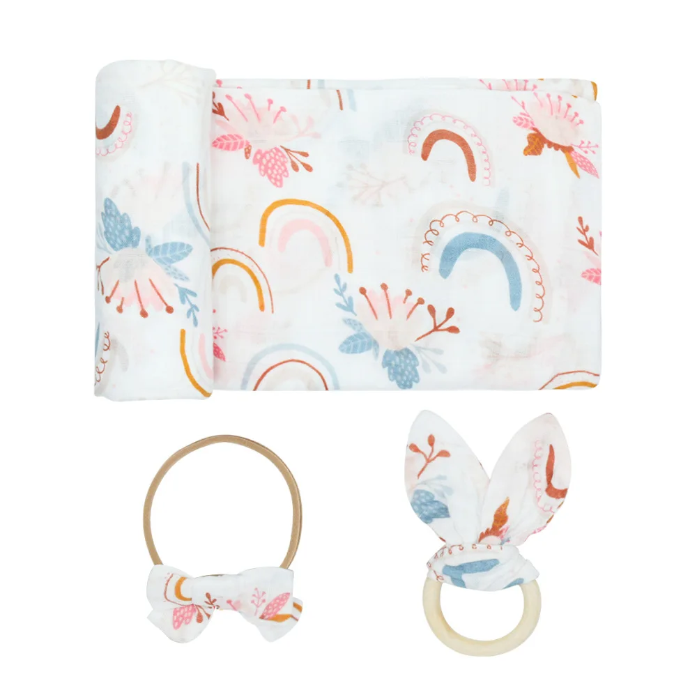 

3PCS/Set Cartoon Printing 47X47Inch Baby Blankets Infant Soft Baby Swaddle Newborn Headband Cute Cotton Teether Baby Accessories