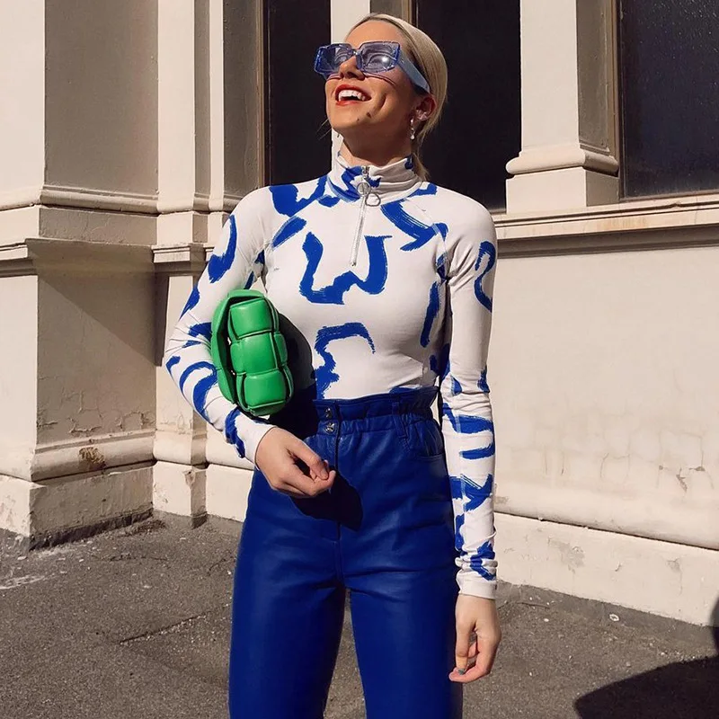 

Женская Повседневная футболка Y2K с длинным рукавом, модные облегающие топы на молнии, с воротником-хомутом и открытым пупком