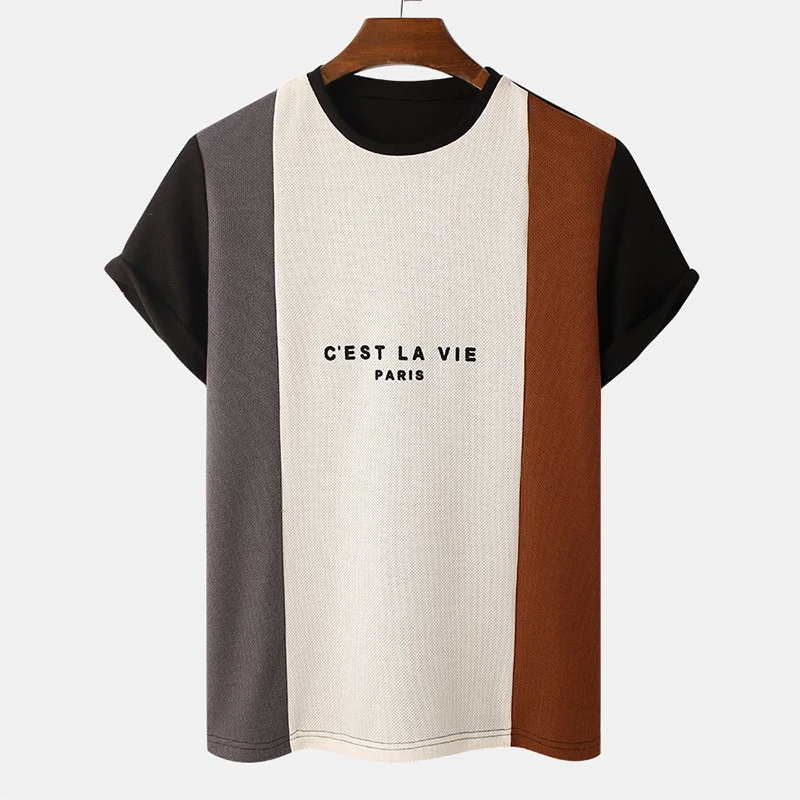 

Vintage Letter Printed Patchwork Short Sleeve T Shirt Men Summer Casual O-Neck Pullover Tops 2021 Fashion Loose Men's Tee Shirts