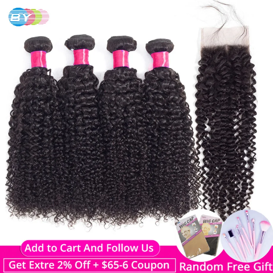 По 4 пучка с бразильские волосы закрытием переплетения пряди кудрявых волос человеческих remy наращивание