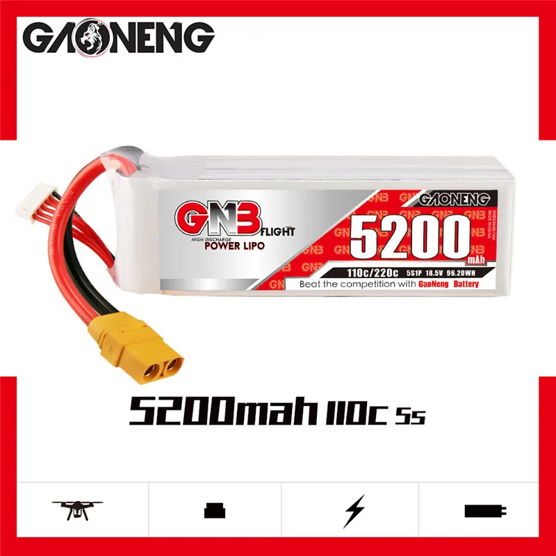 

Gaoneng GNB 5S 18.5V RC LiPo Battery 5200mAh 110C MAX 220C For RC Quadrotor Airplane FPV Racing Drone Parts