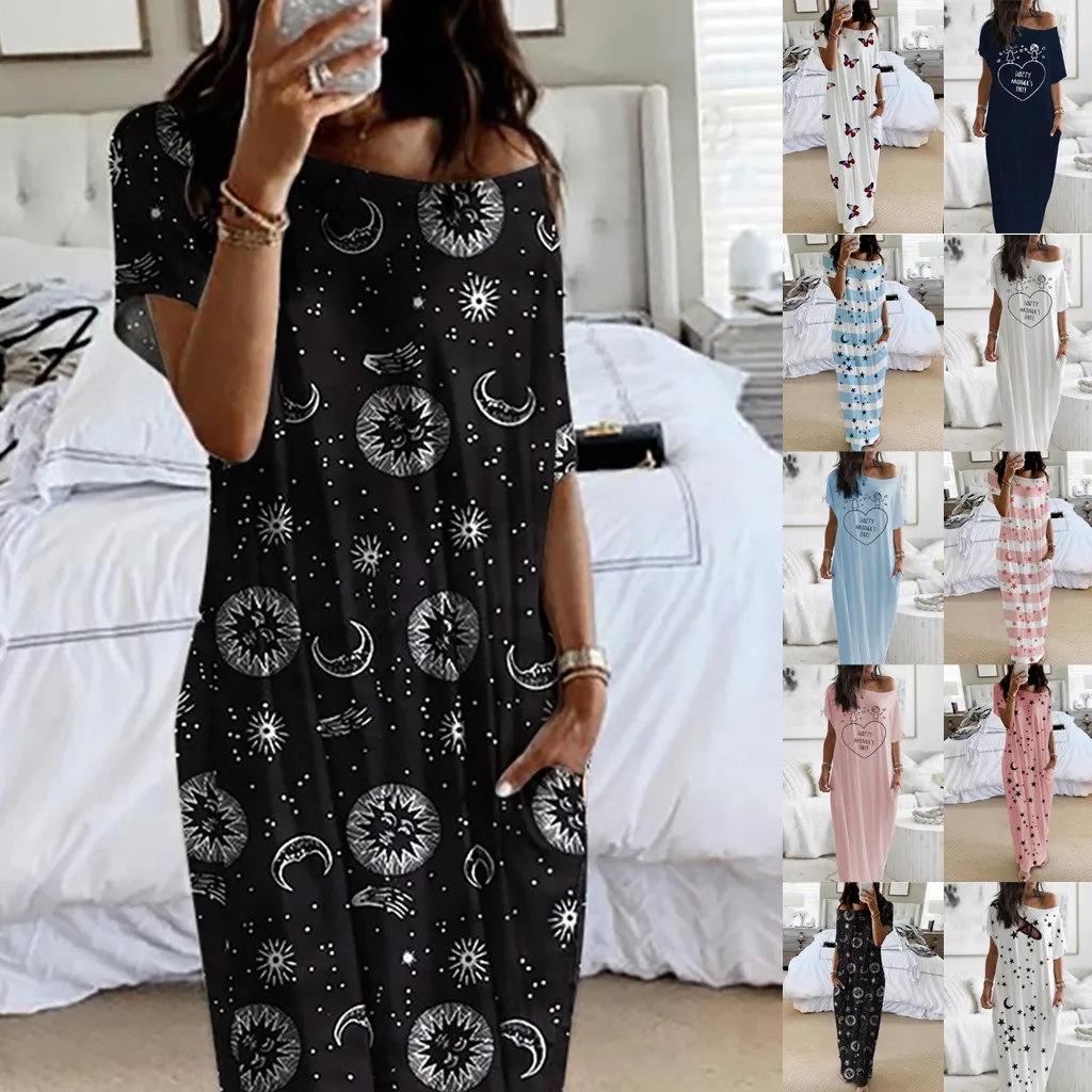 

Women Daily Short Sleeve Moon Print Casual Inclined Shoulder Maxi Dress Sleeveless Beach Floarl Print Maxi Dress Sundress