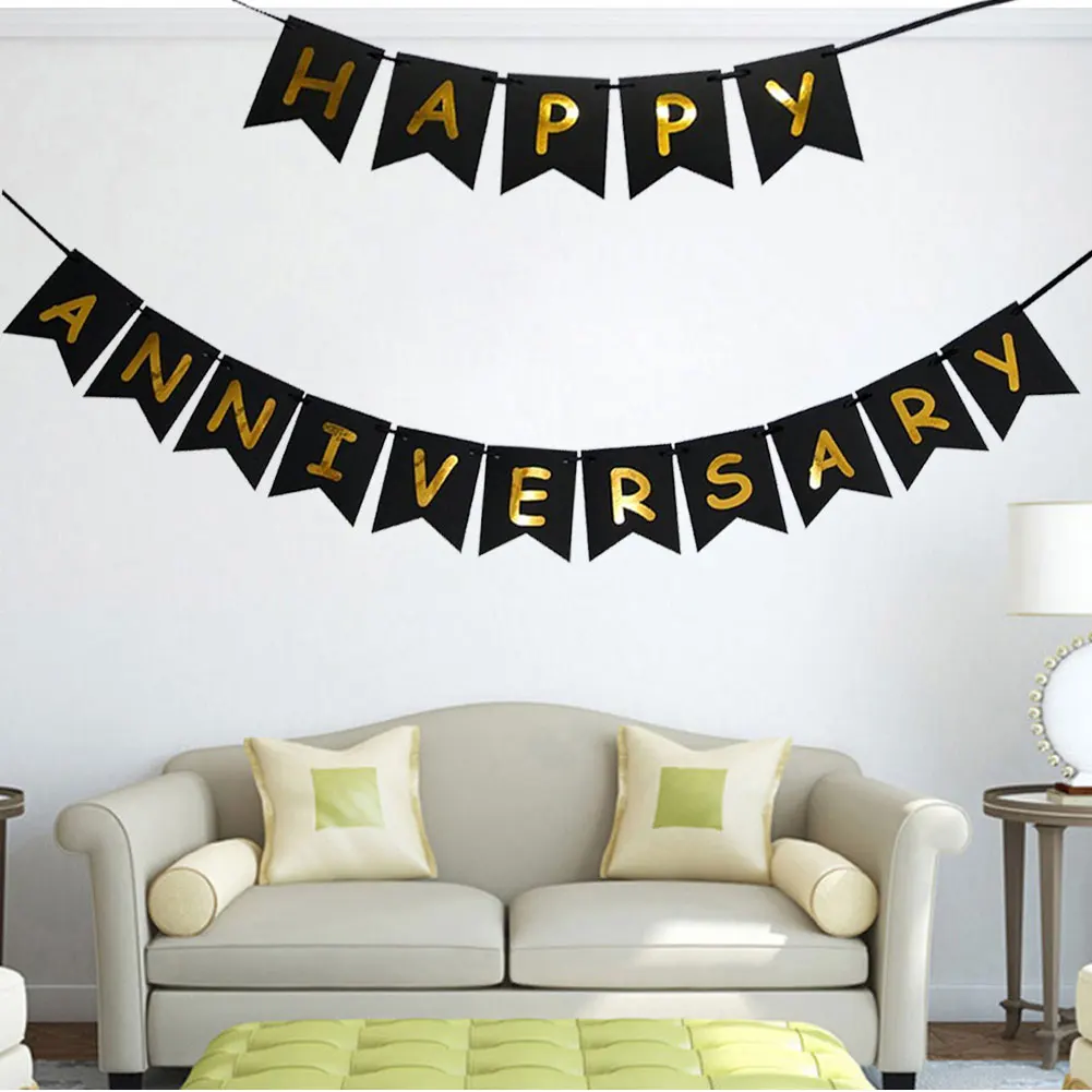 

Happy Anniversary Banner Sparkling Gold Foiled Sign Flag Bronzing Letter Pull Flag Black Festival DIY Birthday Party Decoration