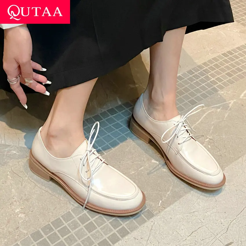 

QUTAA 2021 Spring Autumn Lace Up Casual Square Heels Genuine Leather Basic Women Shoes Casual Round Toe Female Pumps Size 34-43